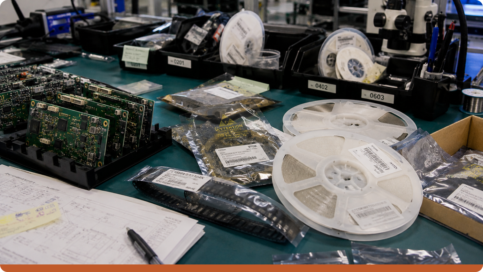 Electronics manufacturing ERP montrant un poste d’assemblage électronique avec des cartes électroniques, des bobines de composants CMS, des sachets antistatiques et des composants de production.