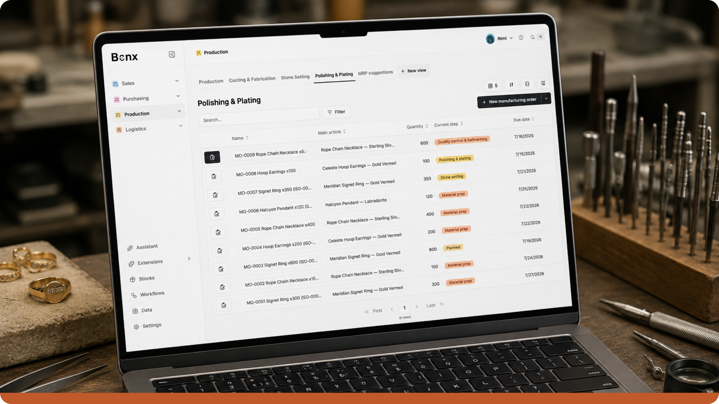 Jewelry manufacturing software showing a jeweler’s workstation with the Bonx ERP production dashboard, custom jewelry orders, workshop tools, and production planning.