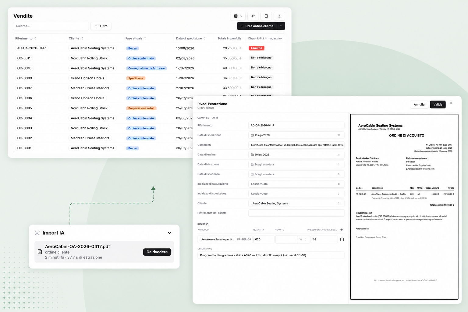 Bonx AI estrae automaticamente i dati degli ordini di acquisto, verifica i campi e crea ordini cliente nell'ERP manifatturiero.