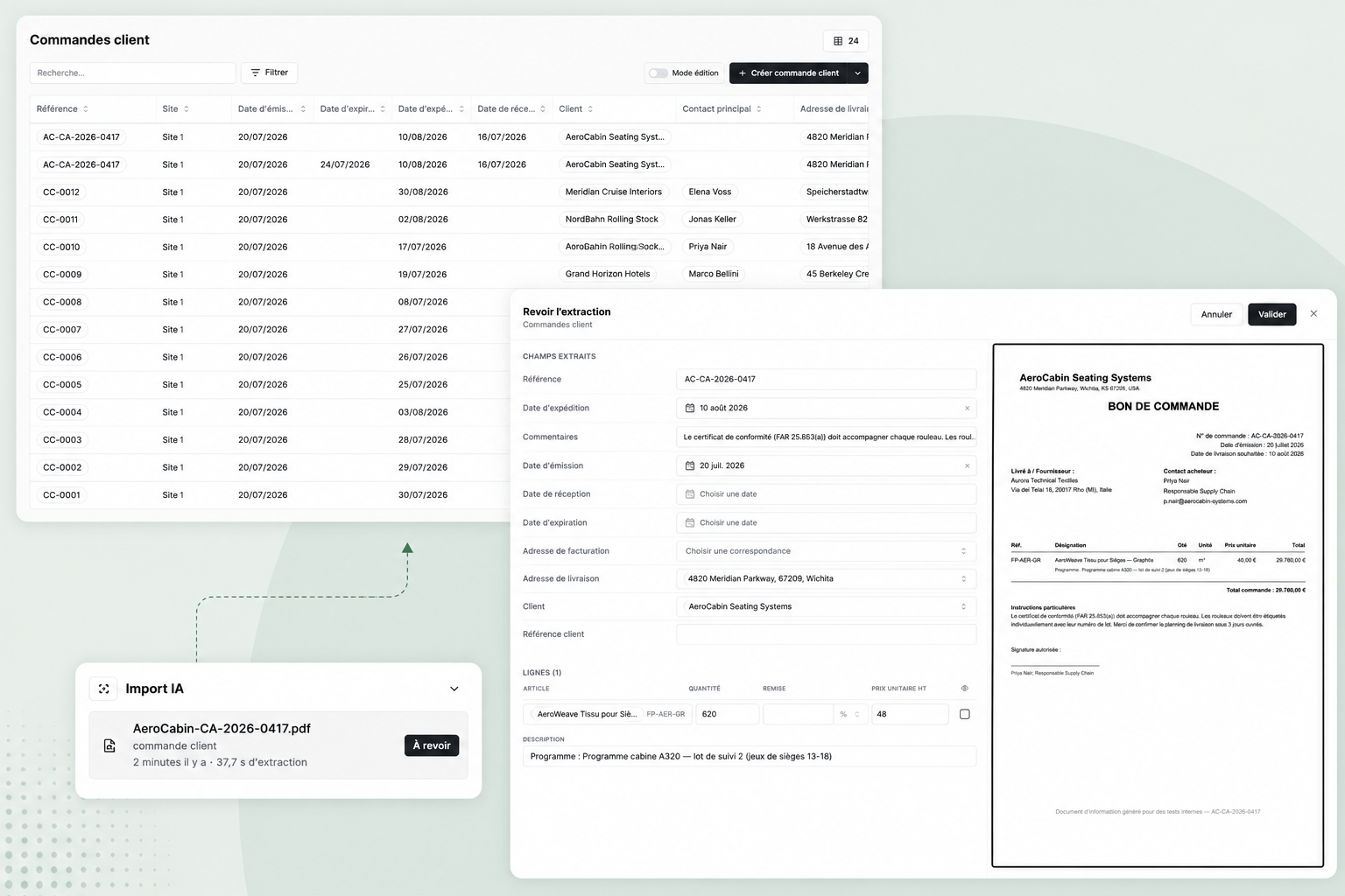 Bonx AI extrait automatiquement les données des bons de commande, vérifie les champs et crée des commandes clients dans l'ERP industriel.