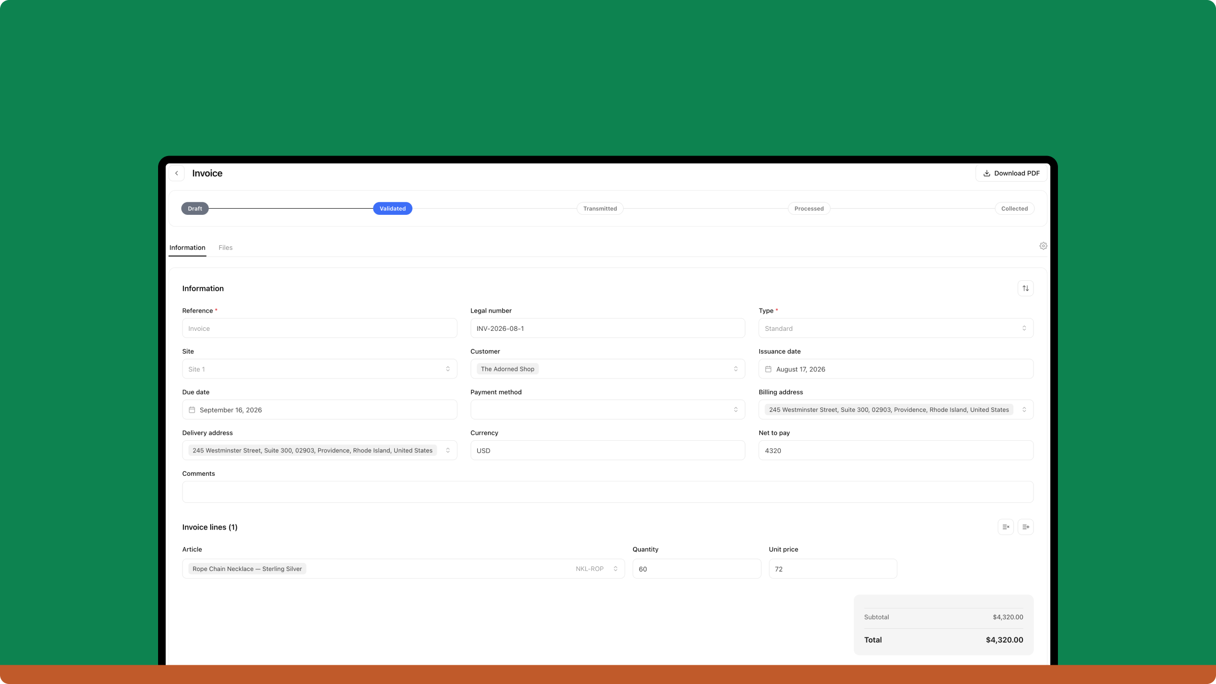 Bonx invoice screen showing the draft, validated, transmitted, processed, and collected lifecycle, with legal invoice number, customer, due date, and invoice lines totaling $4,320.