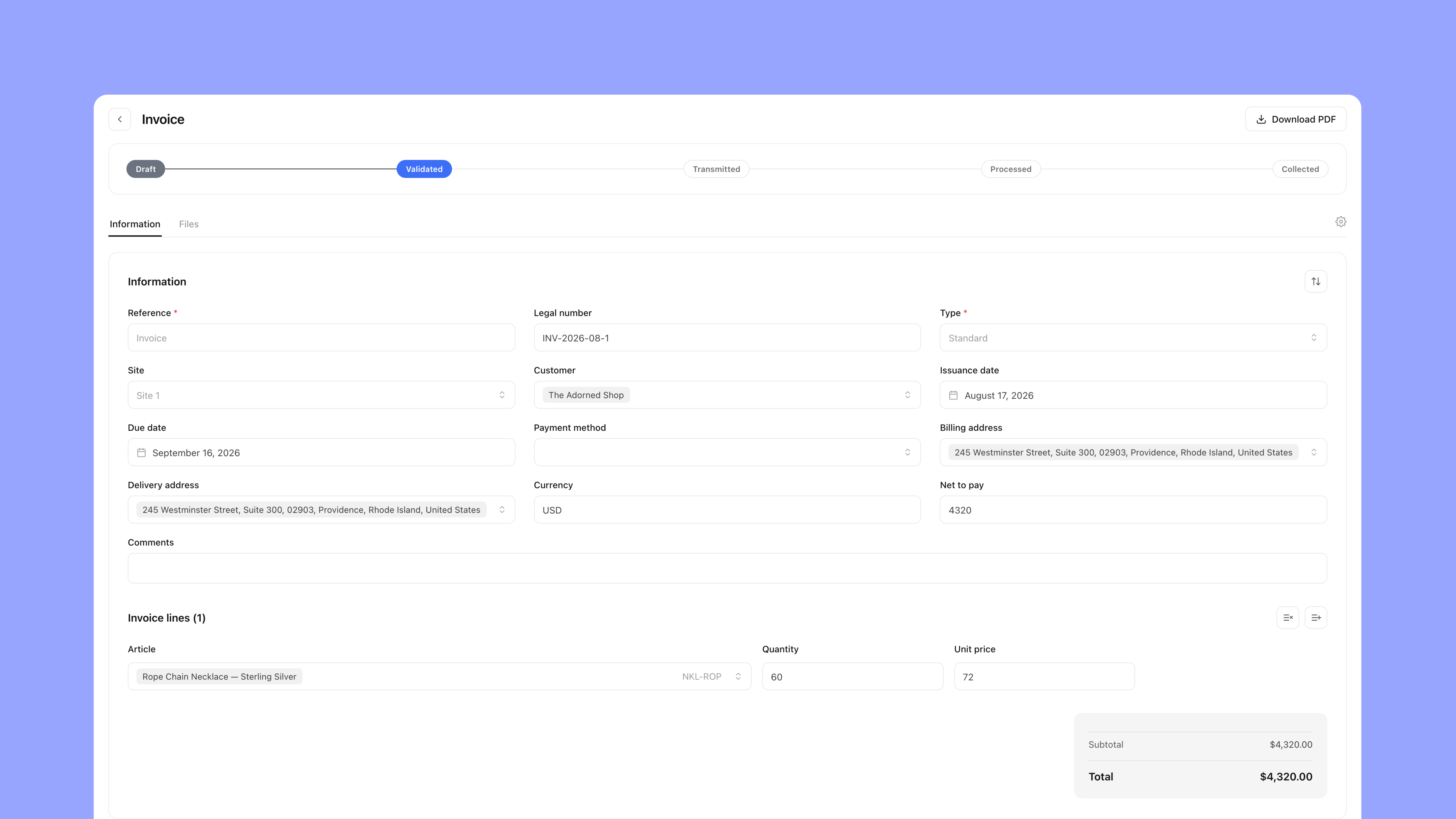 Kundenrechnung in Bonx mit Rechnungsdetails, Kundeninformationen, Rechnungspositionen und Validierungsstatus.