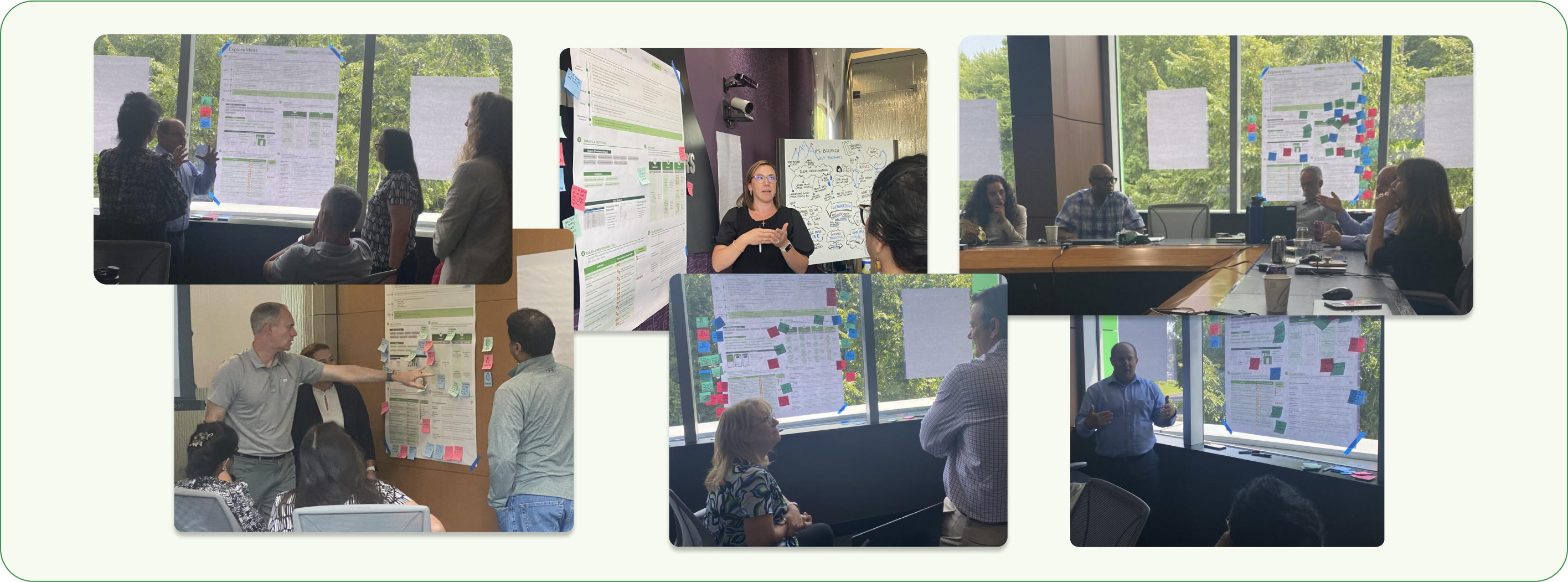 Photos of stakeholders in discussions at each phase of the process pointing at posters with sticky notes