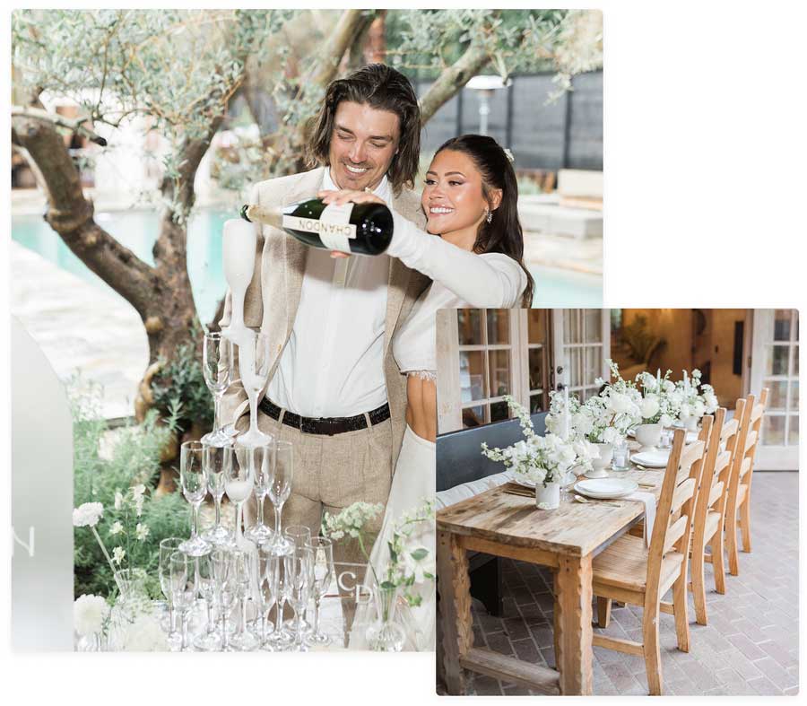 young couple pouring champagne and smiling