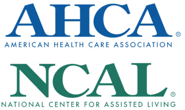 AHCA logo in blue with text American Health Care Association and NCAL logo in green with text National Center for Assisted Living.