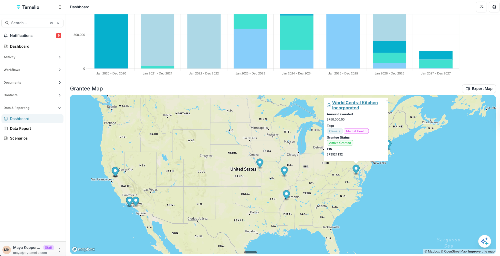 An example of a grantee map within Temelio’s foundation reporting and accounting tools