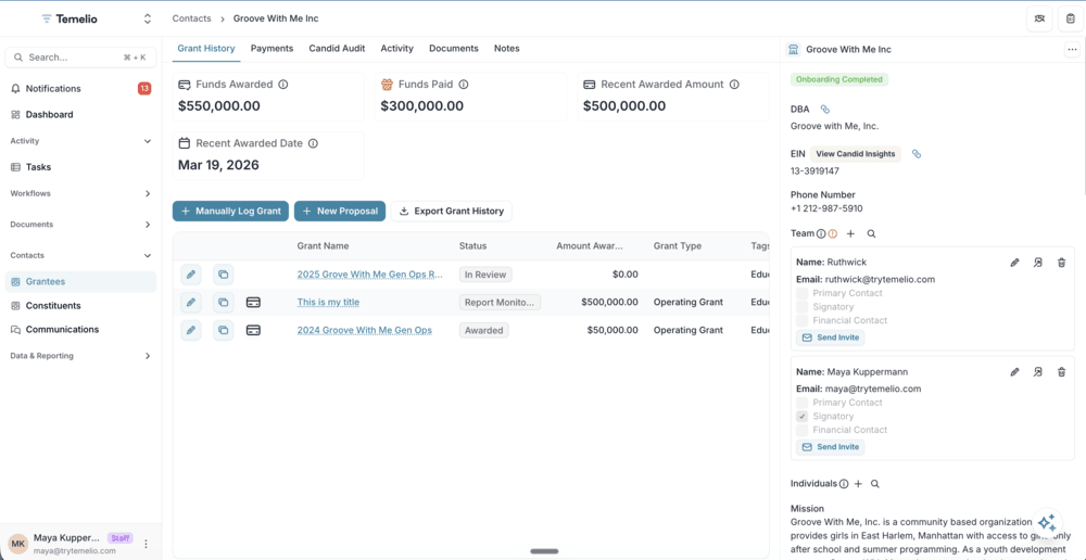 An example of an organization’s profile within Temelio’s CRM for foundations.
