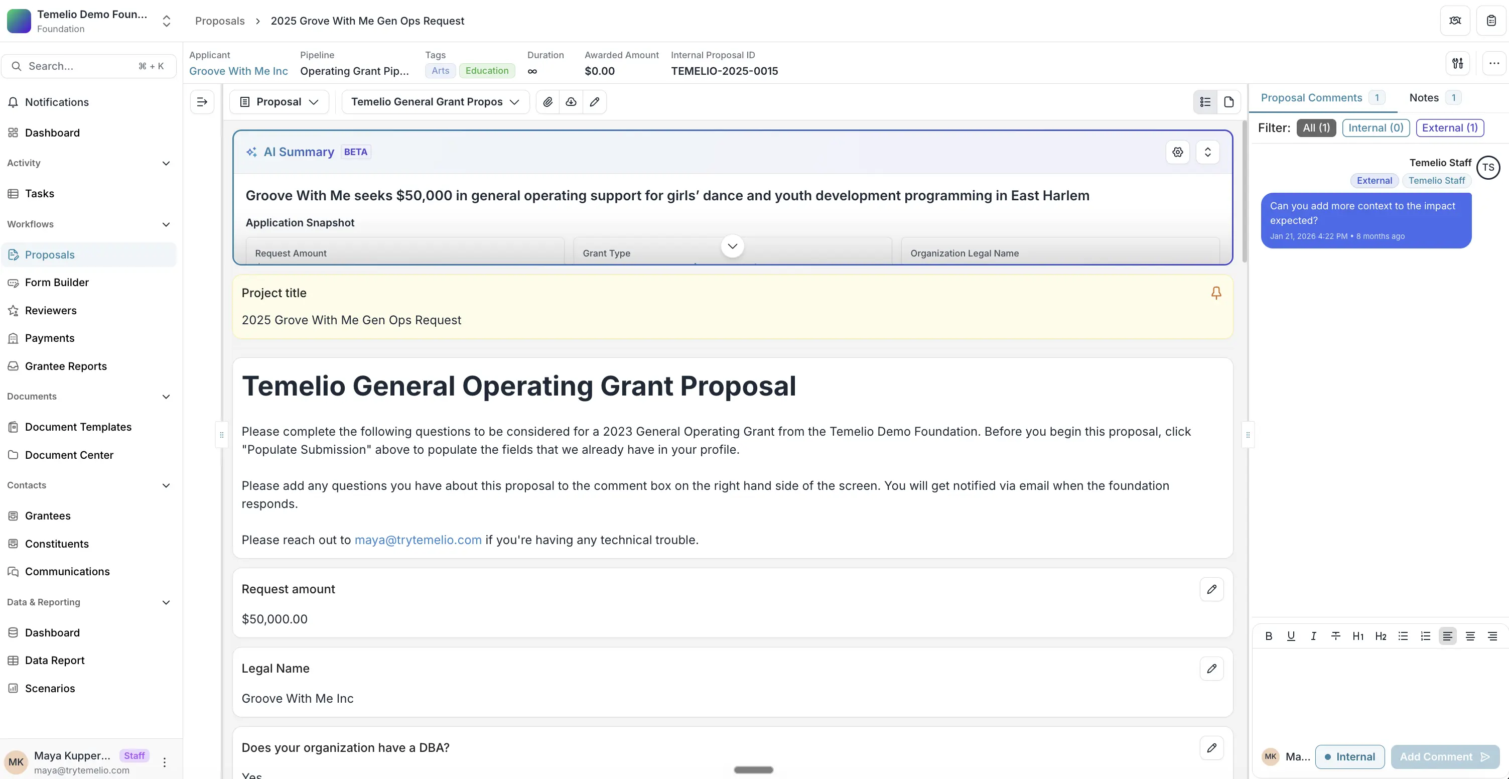 A screenshot showing Temelio’s commenting functionality and AI Summary, which helps to streamline your grantmaking workflow