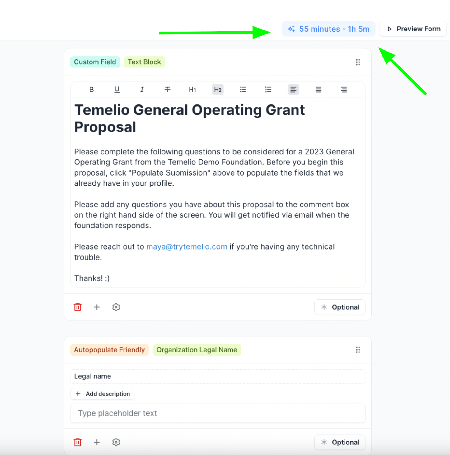A screenshot of a time estimate on a grant application form within Temelio.