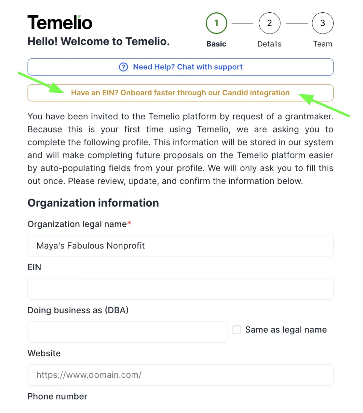 A screenshot showing Temelio’s Candid integration, which improves the grantee experience by streamlining due diligence.