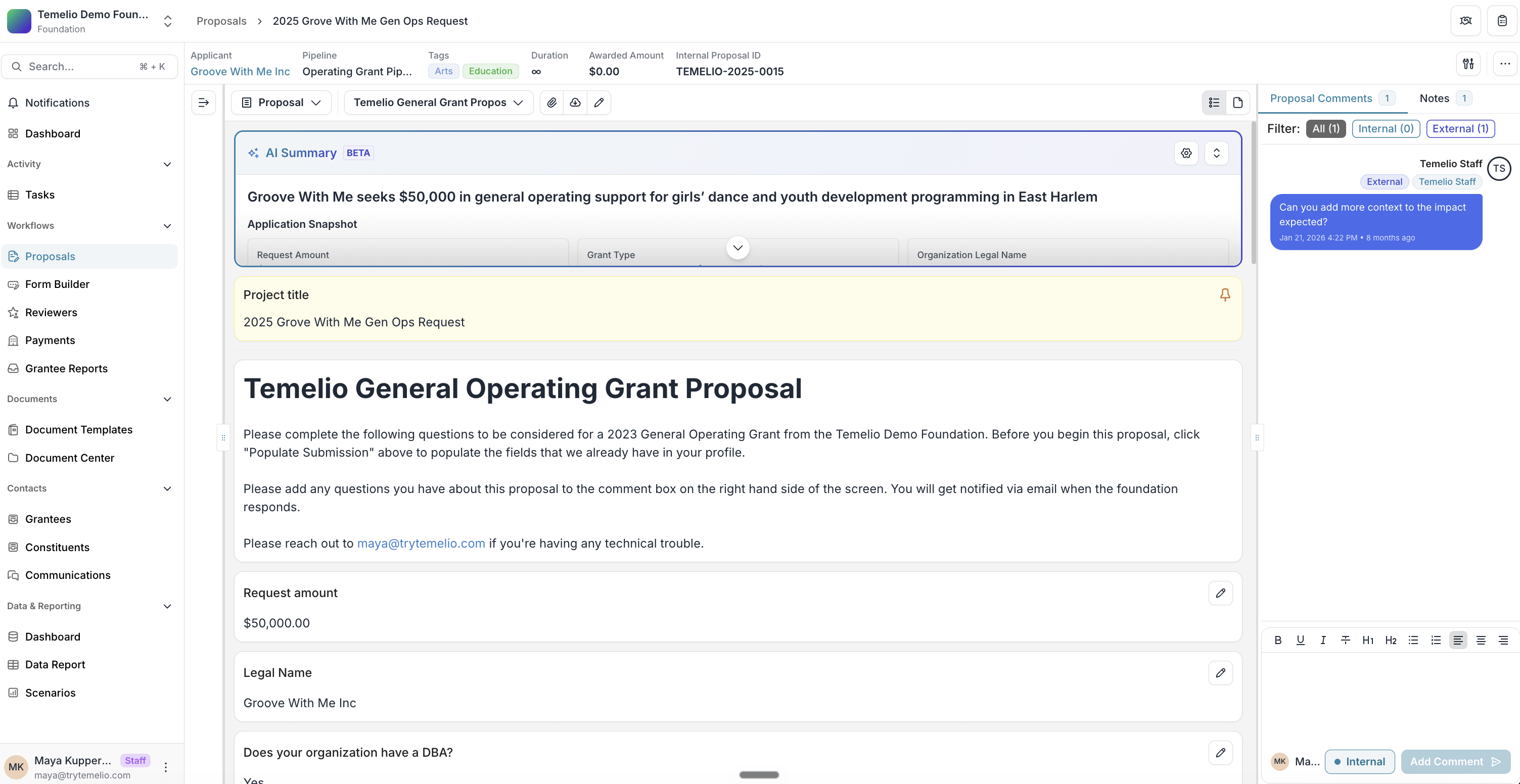 A screenshot of Temelio’s commenting functionality, which transforms collaboration with your grantees.