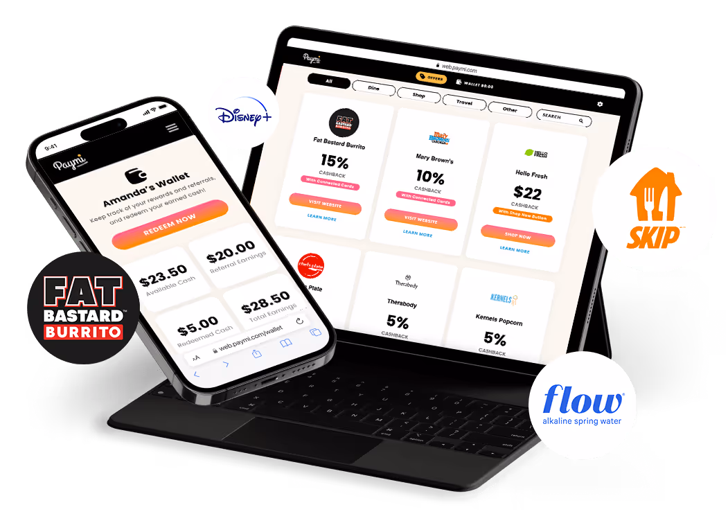 Mockup of the Paymi web app on a tablet and phone with logos of brands on the app - Fat Bastard, SkipTheDishes, Disney+ and Flow Hydration.