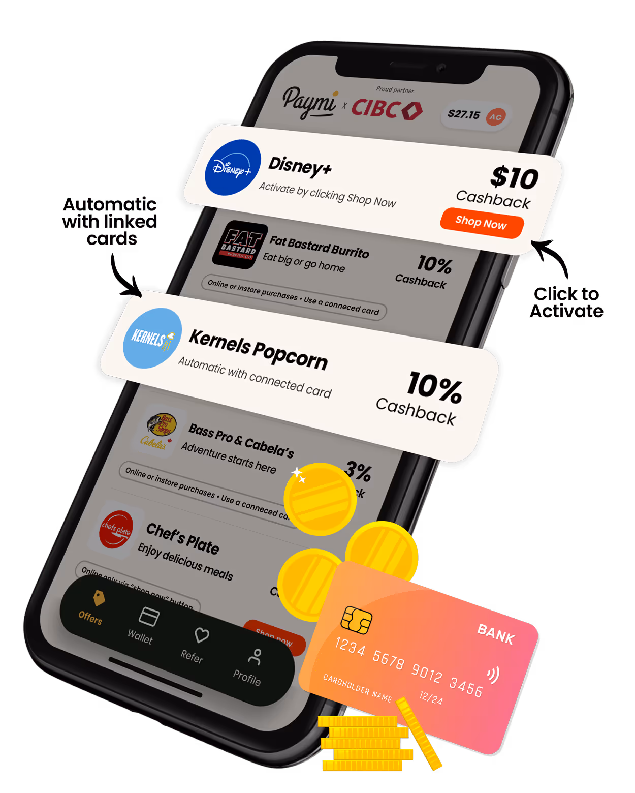 Screenshot of the Paymi app including 5 offers