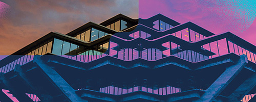 Abstract image of a modern building with overlapping architectural elements and a split color overlay of muted orange and purple tones.