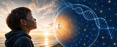 Profile of a boy looking at a glowing human eye overlaid with a DNA helix and a neural network pattern, against a sunset sky over the ocean.
