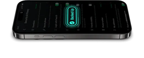 A smartphone screen displays the "Security & Privacy" settings of a non-custodial crypto wallet. A glowing "Backed Up" badge with a checkmark is prominently overlaid, indicating successful encrypted backup. Options like Secret Phrase, Face ID login, and address linking are visible, emphasizing secure and private wallet management.
