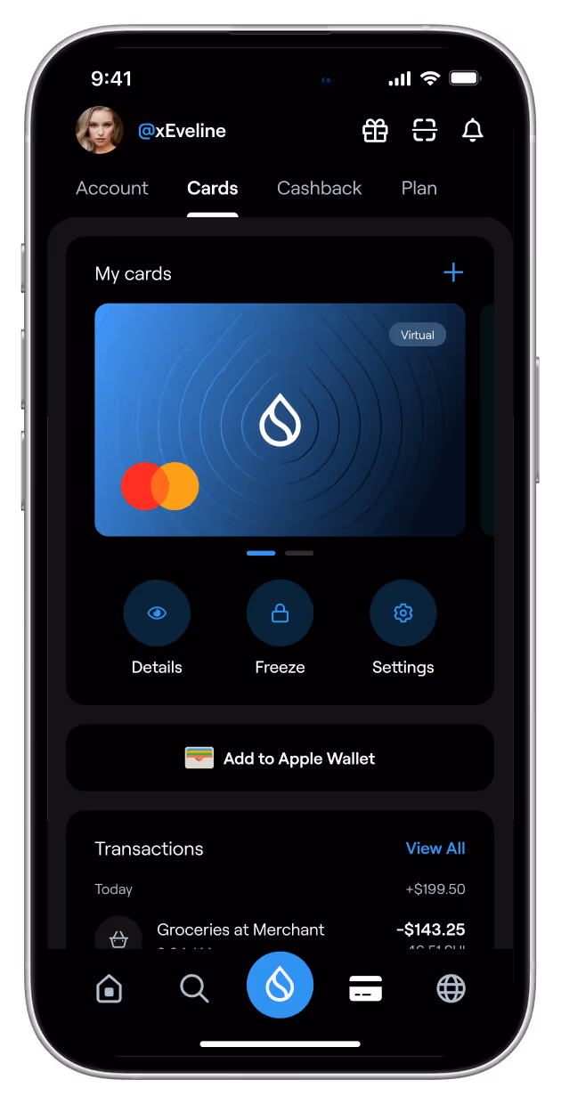 xPortal app displaying SUI-branded Virtual Mastercard in cards view with options to view details, freeze card, adjust settings, and add card to Apple Wallet.