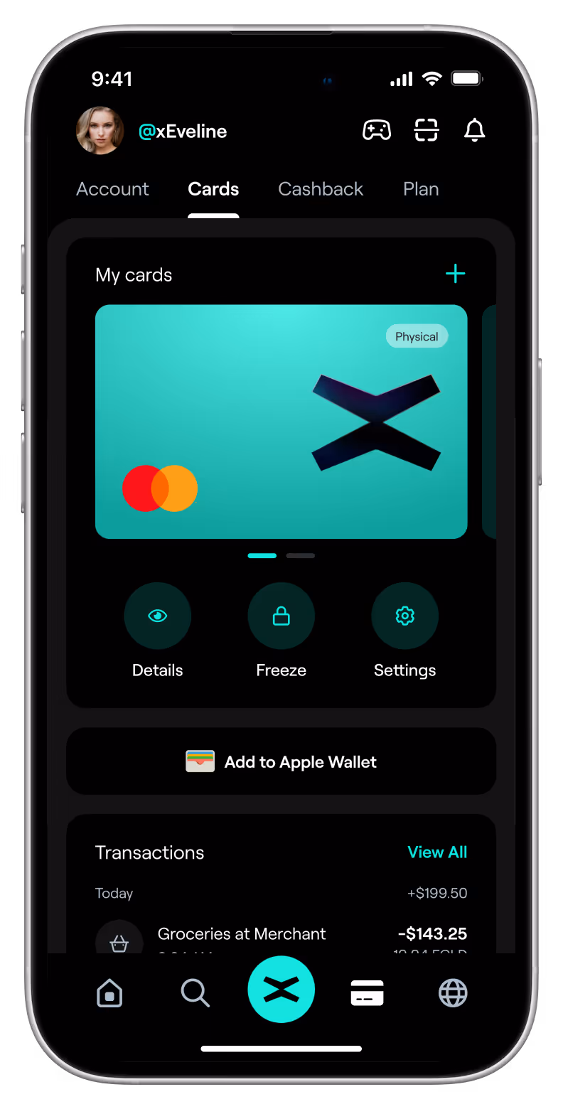 xPortal app displaying teal MultiversX Mastercard in the cards section with options to view details, freeze card, manage settings, and add to Apple Wallet.