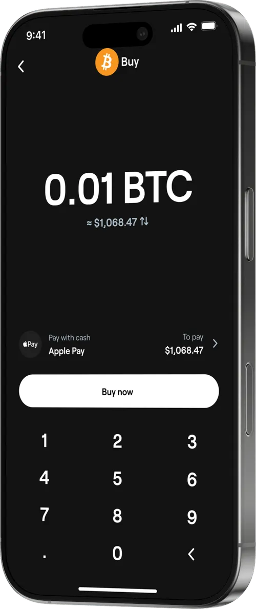Buy Bitcoin screen in xPortal with 0.01 BTC selected, Apple Pay option for payment, and total price shown in USD.