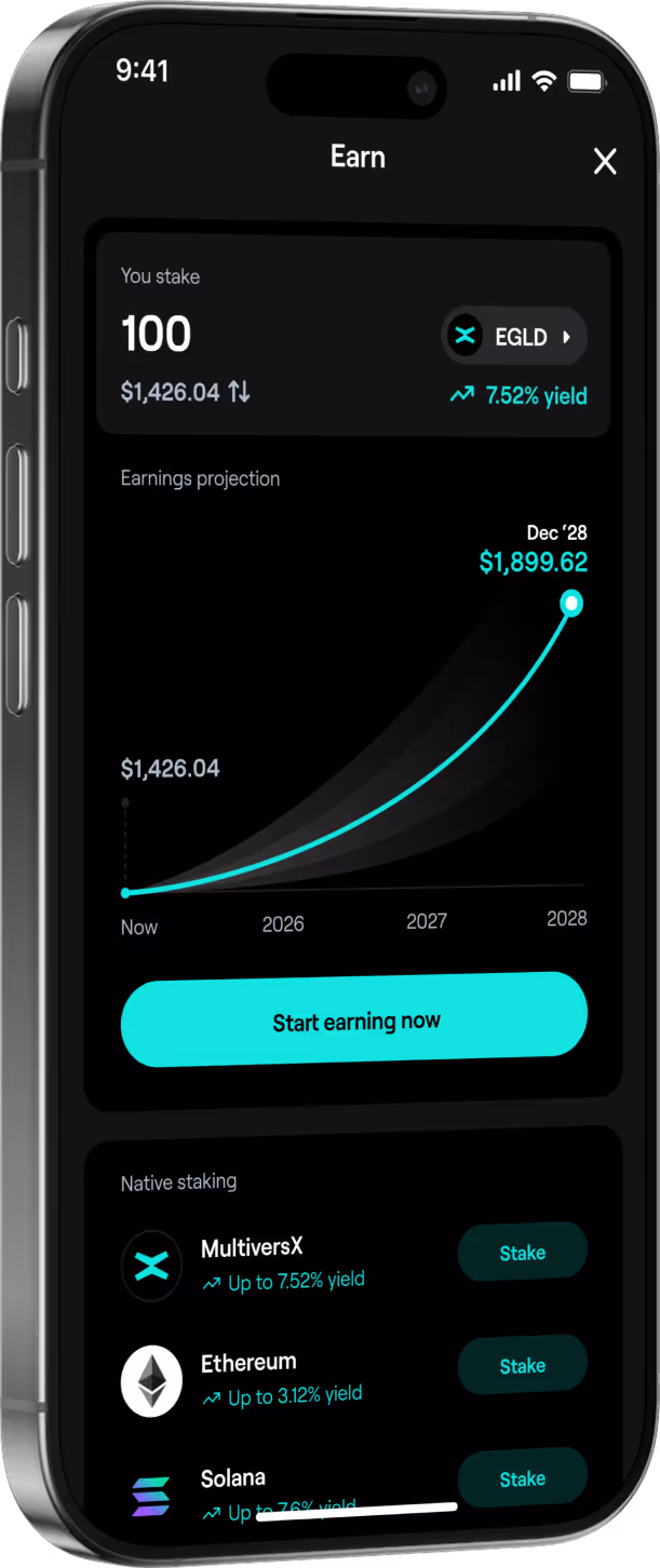 xPortal app showing EGLD staking screen with 100 MultiversX EGLD staked at 7.52% yield, projected earnings chart, and start earning now button.