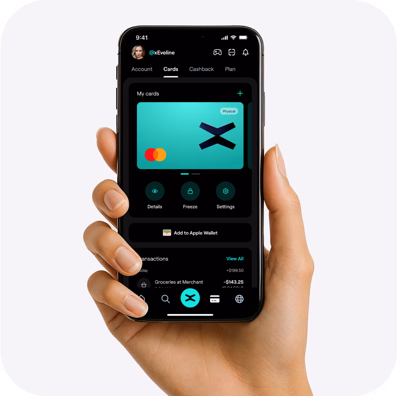 xPortal app displaying a teal MultiversX Mastercard in the card management screen with options for viewing card details, freezing, adjusting settings, and adding to Apple Wallet.