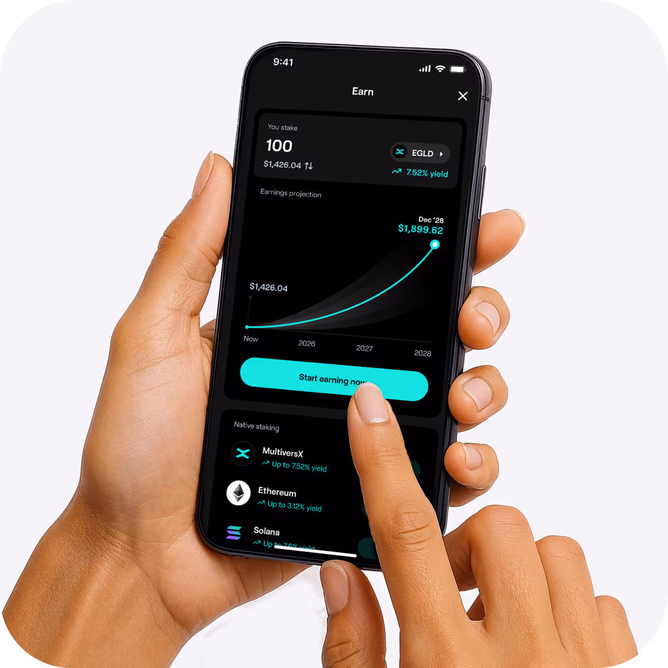 xPortal crypto wallet app displaying MultiversX EGLD staking of 100 tokens with 7.52% yield, projected earnings graph, and staking start button for EGLD.