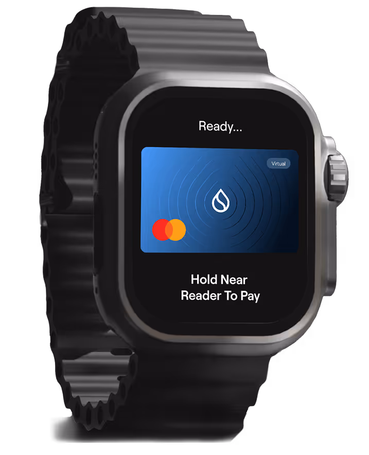 A close-up of a smartwatch displaying the xPortal digital wallet with a blue Mastercard featuring the SUI logo. The screen reads “Ready... Hold Near Reader To Pay” and shows the last four digits of the card number as 8122.