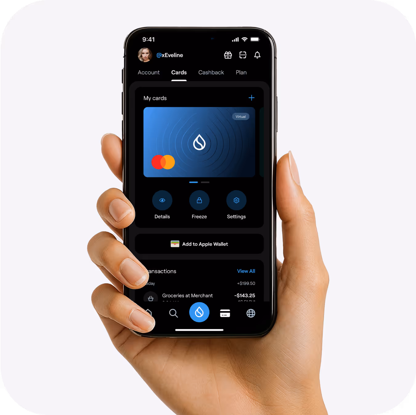 xPortal app showing SUI-branded Virtual Mastercard in card management view with controls to view details, freeze, manage settings, and add the card to Apple Wallet.