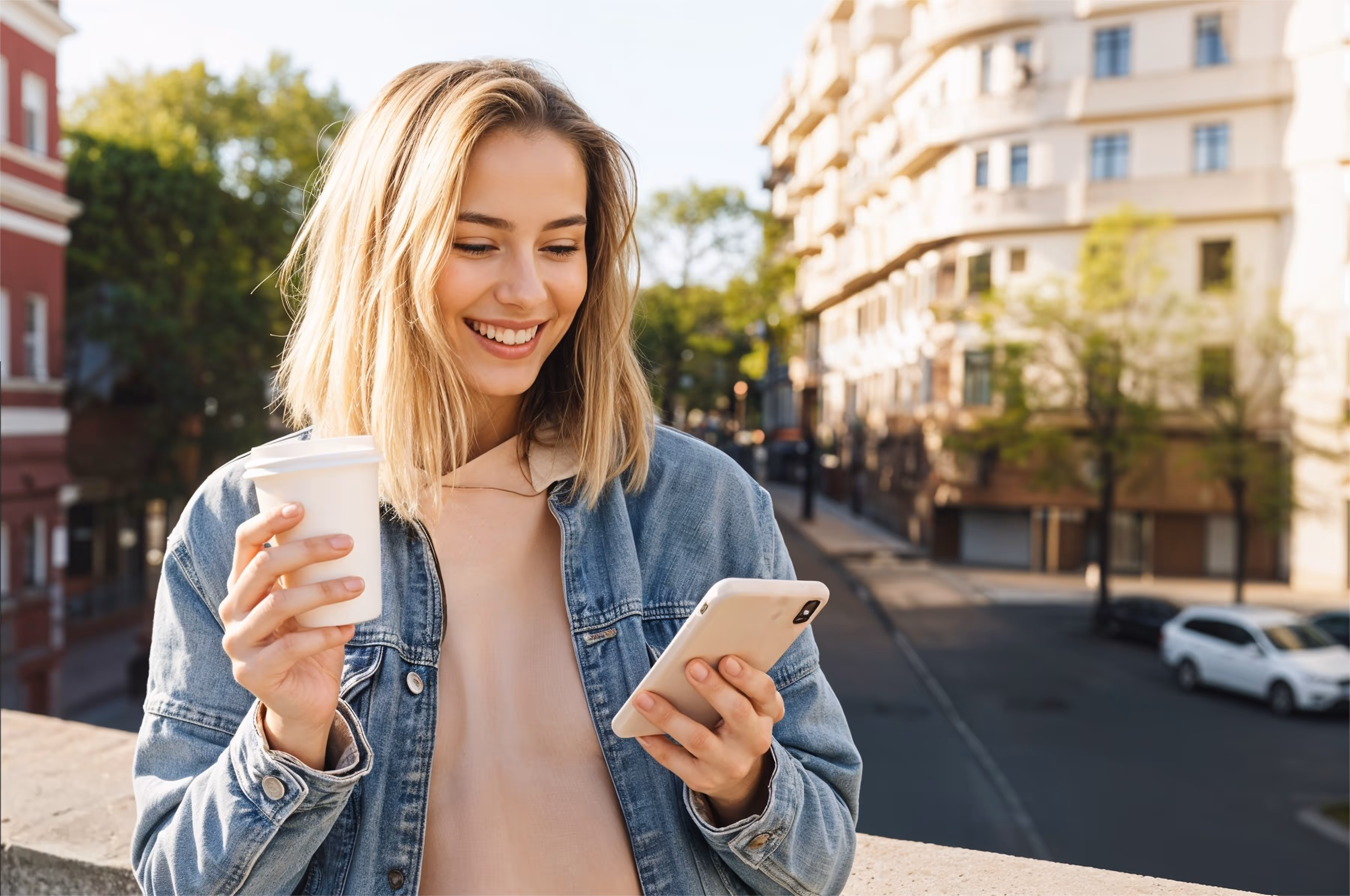 Smiling young woman holding coffee cup and checking her SUI on her smartphone outdoors, representing easy mobile payments with xMoney.