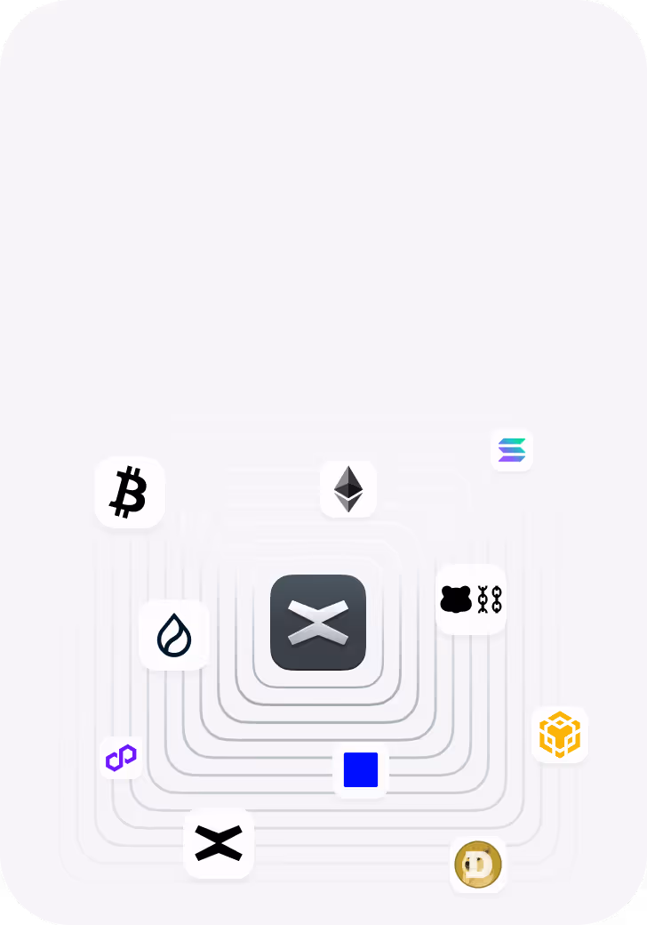 Central black app icon connected by lines to various cryptocurrency logos including Bitcoin, Ethereum, Solana, Dogecoin, and Binance.