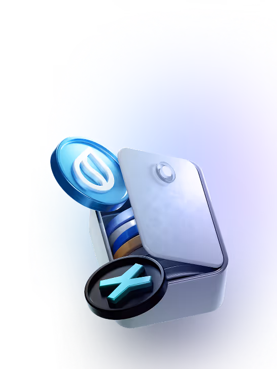 A partially open metallic box containing blue and gold tokens, with a blue circular token featuring a water drop symbol and a black circular token with a green 'X' outside the box.