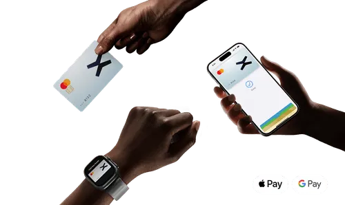 Hands holding a Mastercard credit card, a smartphone displaying a payment confirmation with the same card image, and a wrist wearing a smartwatch showing the card for contactless payment, with Apple Pay and Google Pay logos below.
