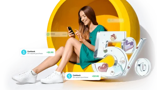 Young woman in a green dress sitting inside a large yellow circular chair using a smartphone, with floating cashback icons showing $2.80 earned and a large transparent 5% symbol decorated with small gift and heart icons.