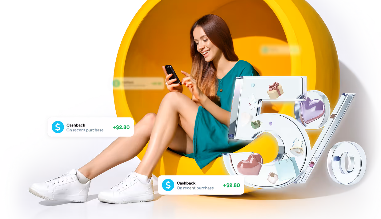 Young woman in a green dress sitting inside a large yellow circular chair using a smartphone, with floating cashback icons showing $2.80 earned and a large transparent 5% symbol decorated with small gift and heart icons.