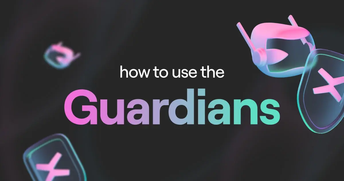 2 pink guardian heads and 2 shields together with the "how to use the Guardians" headline, over a black background