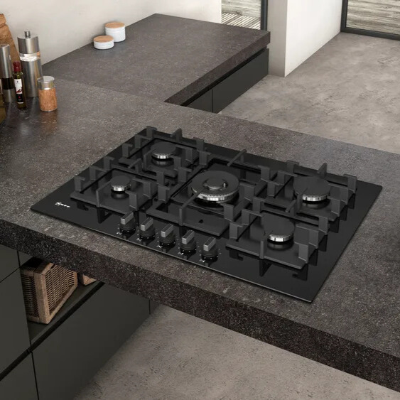 Plită pe gaz ,75 cm, Sticlă Cuart Securizată, Negru