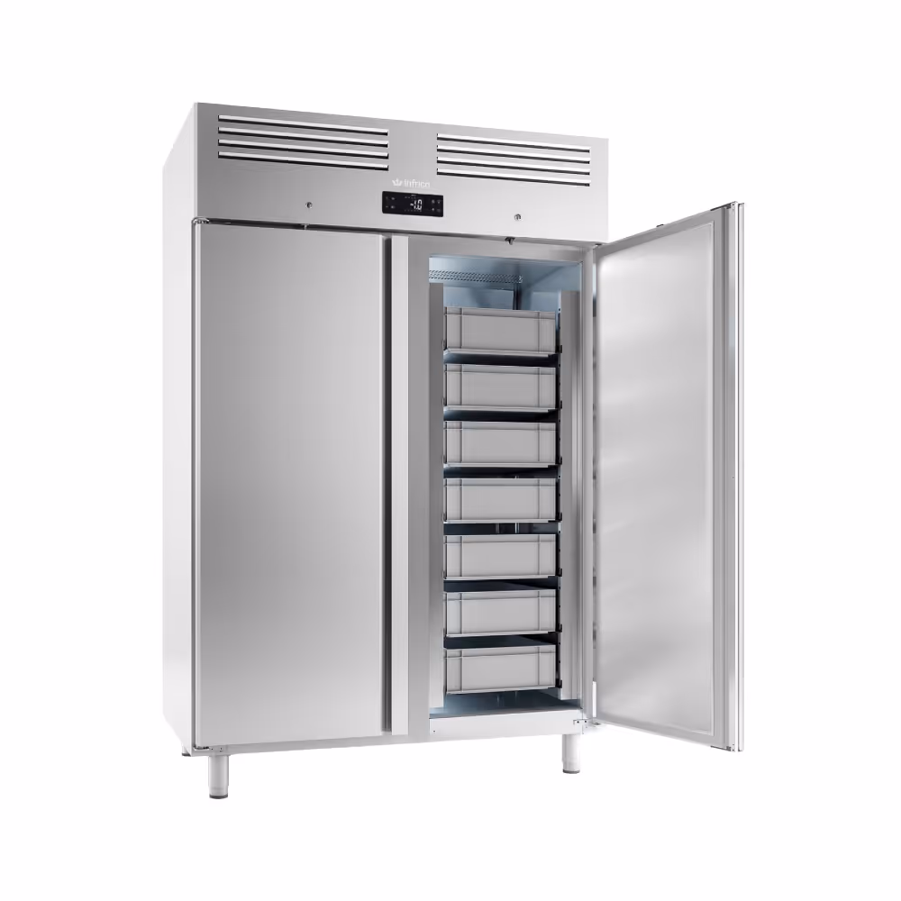 Infrico AGB1402 Fish Slimline Fridge Upright Solid Double Door