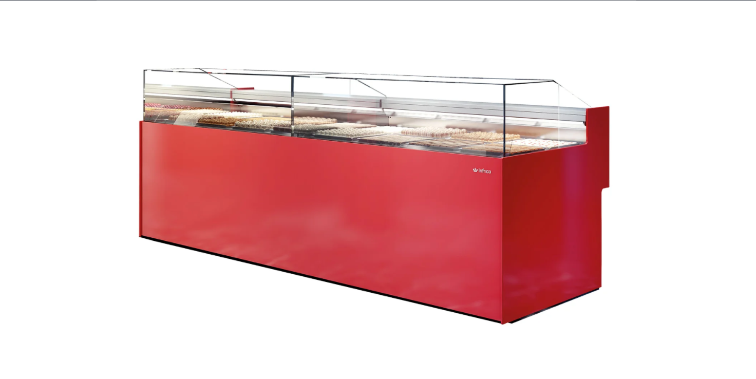 Infrico Niza Pastry Display Serve Over Counter Straight Glass Dual Temperature Dry Heat & Ventilated Evaporator Plug In