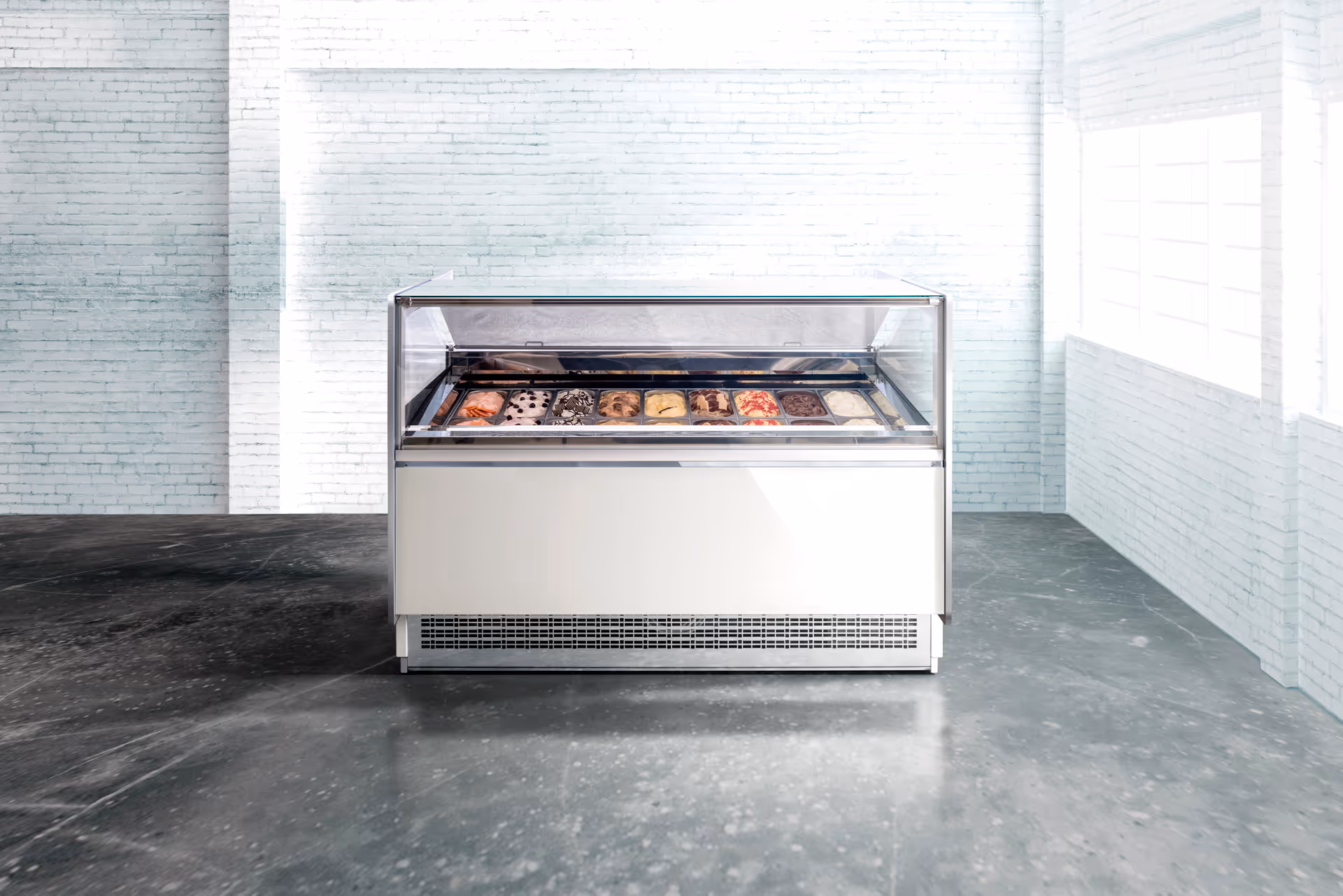 Orion Kate+ Ice Cream Display Serve Over Counter Straight Glass Ventilated Evaporator Plug In
