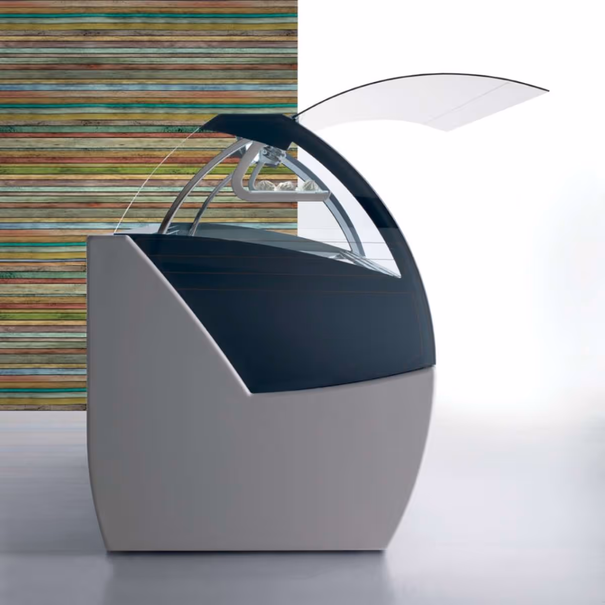 Orion Evo Ice Cream Display Serve Over Counter Curved Glass Ventilated Evaporator Plug In