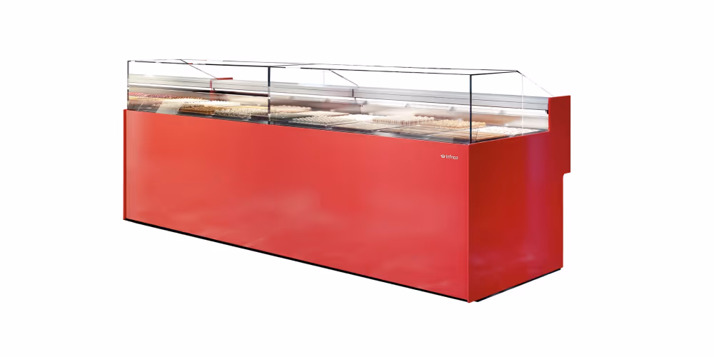 Infrico Niza Pastry Display Serve Over Counter Straight Glass Ventilated Evaporator Plug In