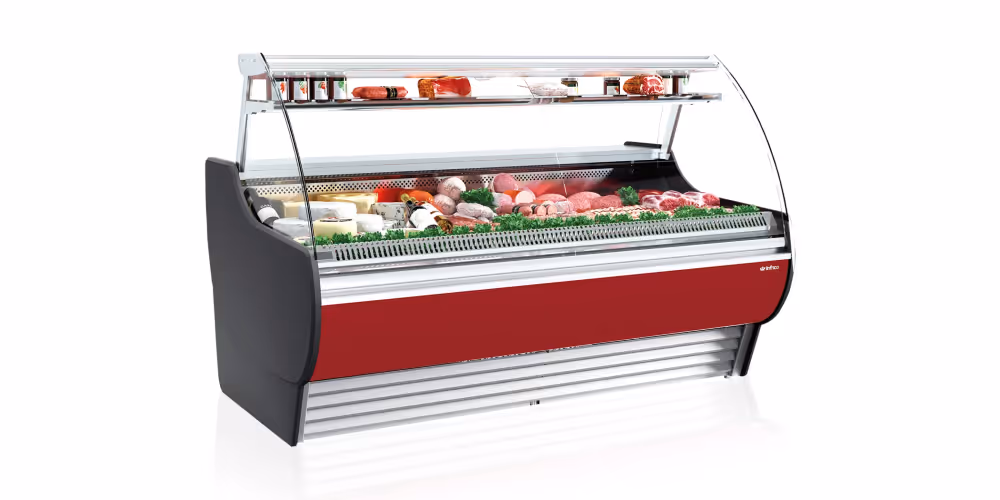 Infrico Madrid VMD Serve Over Counter Curved Glass Cold Storage Ventilated Evaporator Remote Condenser