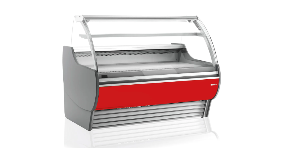 Infrico Barcelona VBC Serve Over Counter Liftable Front Curved Glass Cold Storage Ventilated Evaporator Plug In
