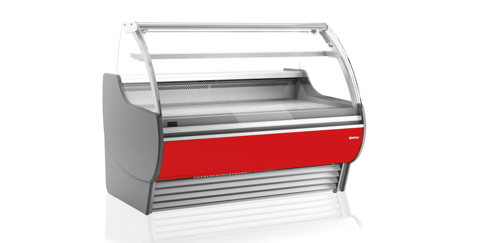 Infrico Barcelona VBC Serve Over Counter Liftable Front Curved Glass Cold Storage Ventilated Evaporator Remote Condenser