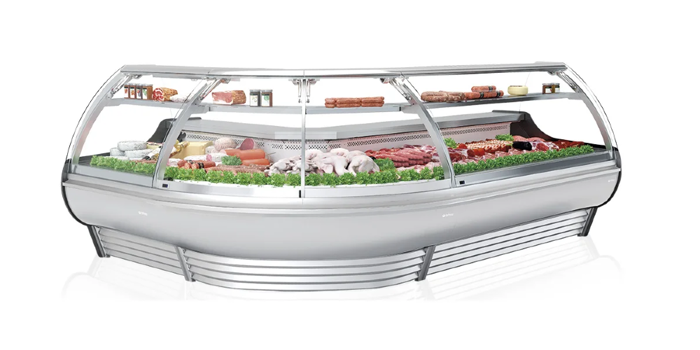 Infrico Barcelona VBC Serve Over Counter Curved Glass Corner Units Plug In Remote Condenser