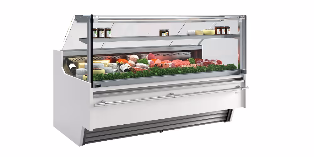 Infrico Barcelona VBC 9 RUCP & RIUCP Serve Over Counter Liftable Front Straight Glass Cold Storage Ventilated Evaporator Plug In