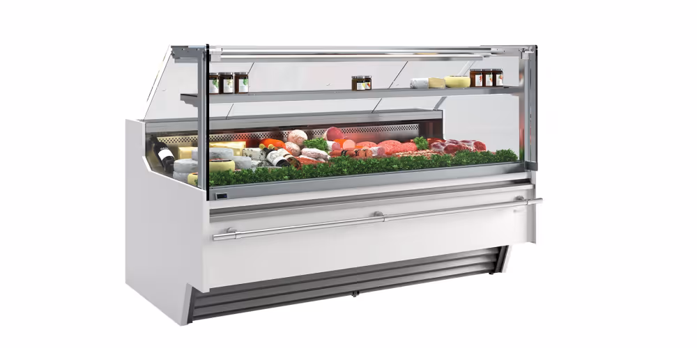 Infrico Barcelona VBC 9 SUCP & SIUCP Serve Over Counter Liftable Front Straight Glass Cold Storage Ventilated Evaporator Plug In