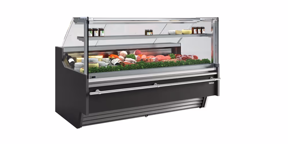 Infrico Barcelona VBC 9 RCP & RICP Serve Over Counter Liftable Front Straight Glass Ventilated Evaporator Remote Condenser