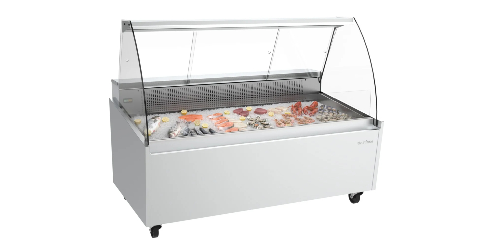 Infrico Malaga VML C Fish Serve Over Counter Curved Glass Ventilated Evaporator Plug In With Cold Plate