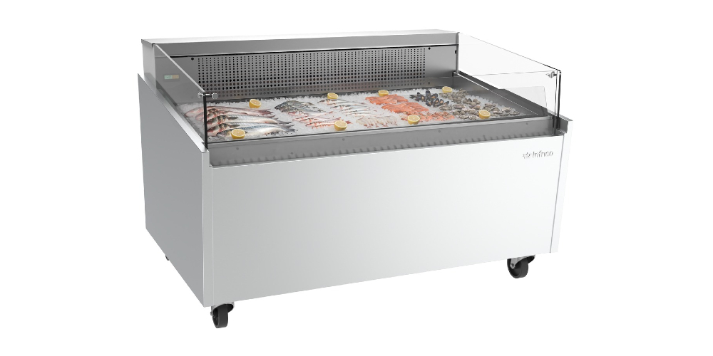 Infrico Malaga VML B Fish Serve Over Counter Low Height Glass Ventilated Evaporator Plug In With Cold Plate